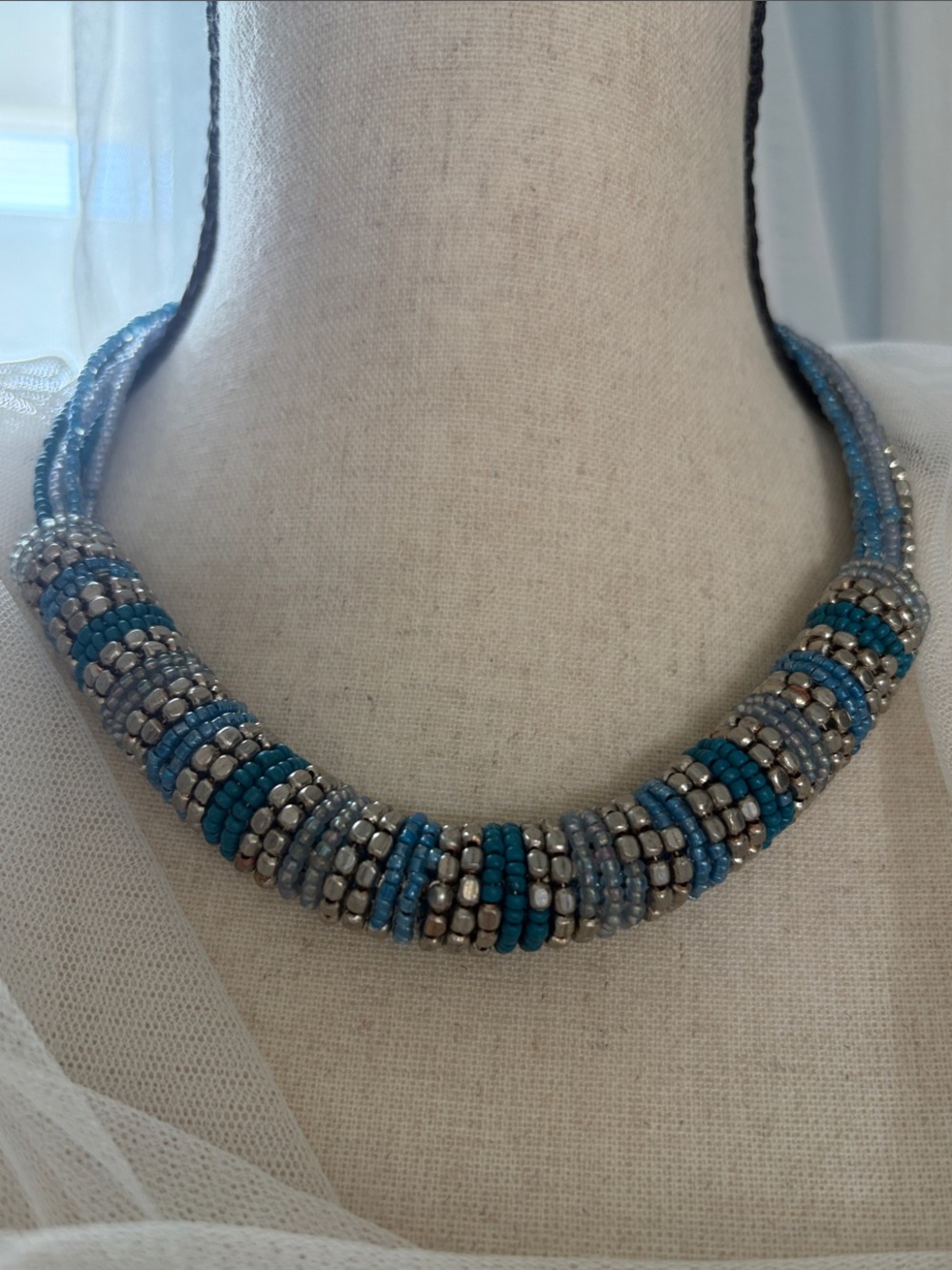 Turquoise and Silver Beaded Collar Necklace - Women Jewelry